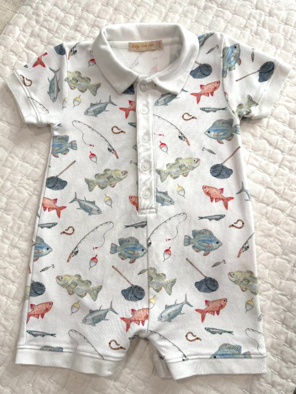 Baby Club Chic Fishing Day Romper w/ Collar, Size 9-12M